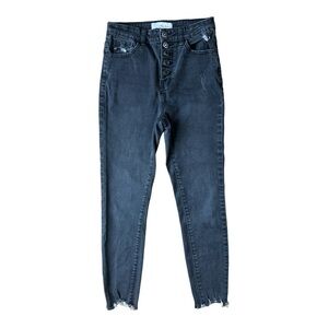 KanCan Women’s Washed Black Button Fly High Rise Skinny Freyed Ankle Jeans 5/26